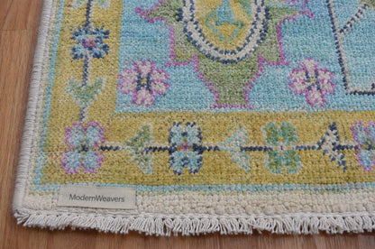Hand-Knotted Oushak Rug | Pastel Floral Wool Area Rug | Cream, Light Blue, and Pink Transitional Rug | Large Living Room Rug