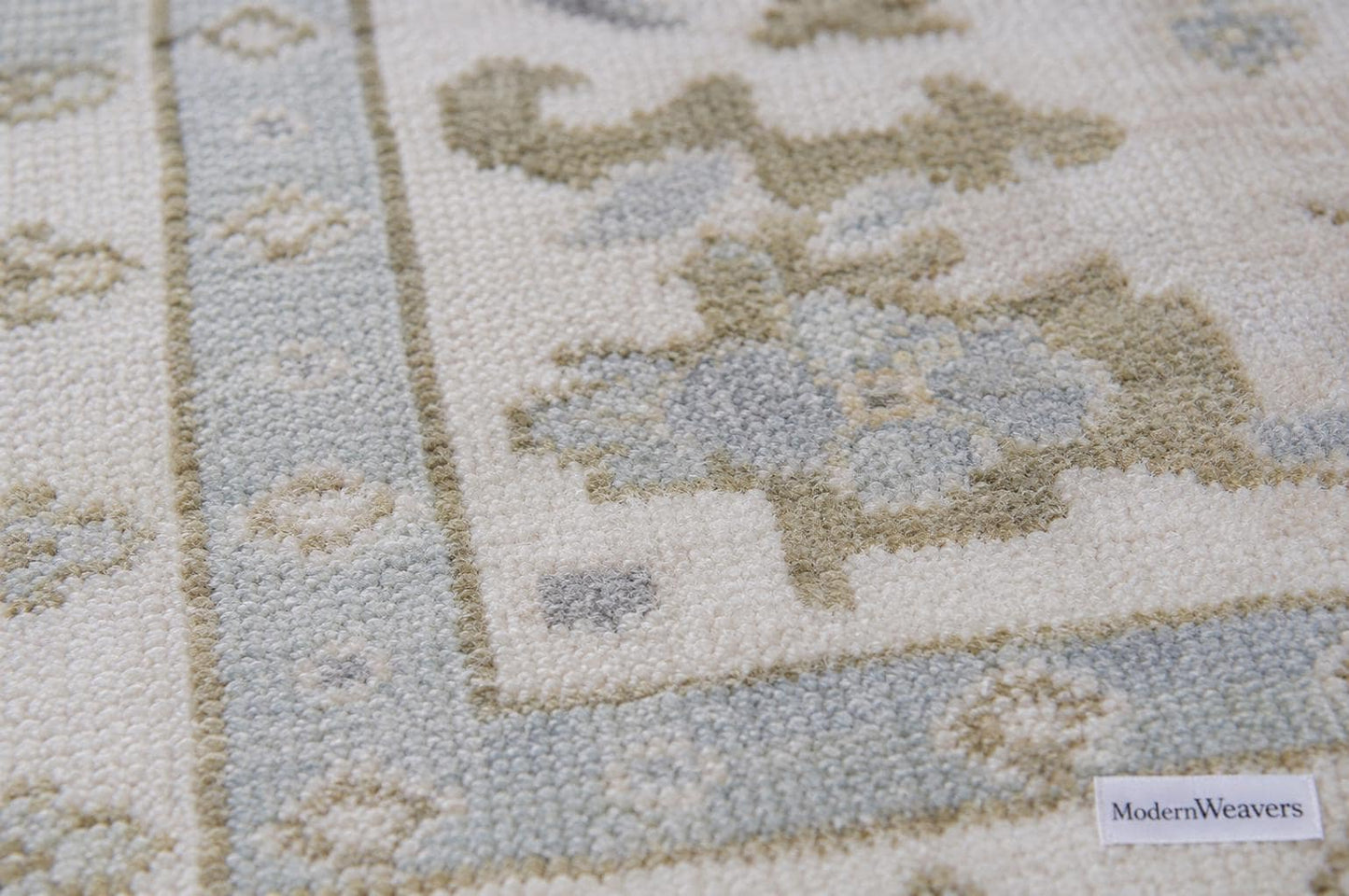 Hand-Knotted Oushak Style Rug | Muted Pastel Blue, Ivory, Taupe Wool Area Carpet