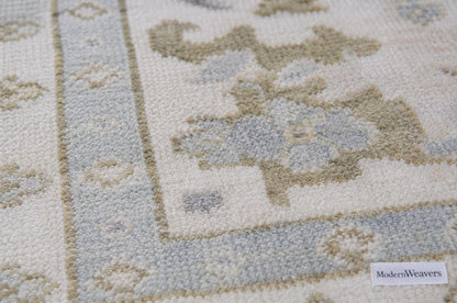 Hand-Knotted Oushak Style Rug | Muted Pastel Blue, Ivory, Taupe Wool Area Carpet
