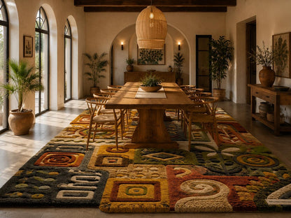 3D Carved Patchwork Rug | Earth Tone Folk Art Tufted Carpet | Boho Geometric Floor Art