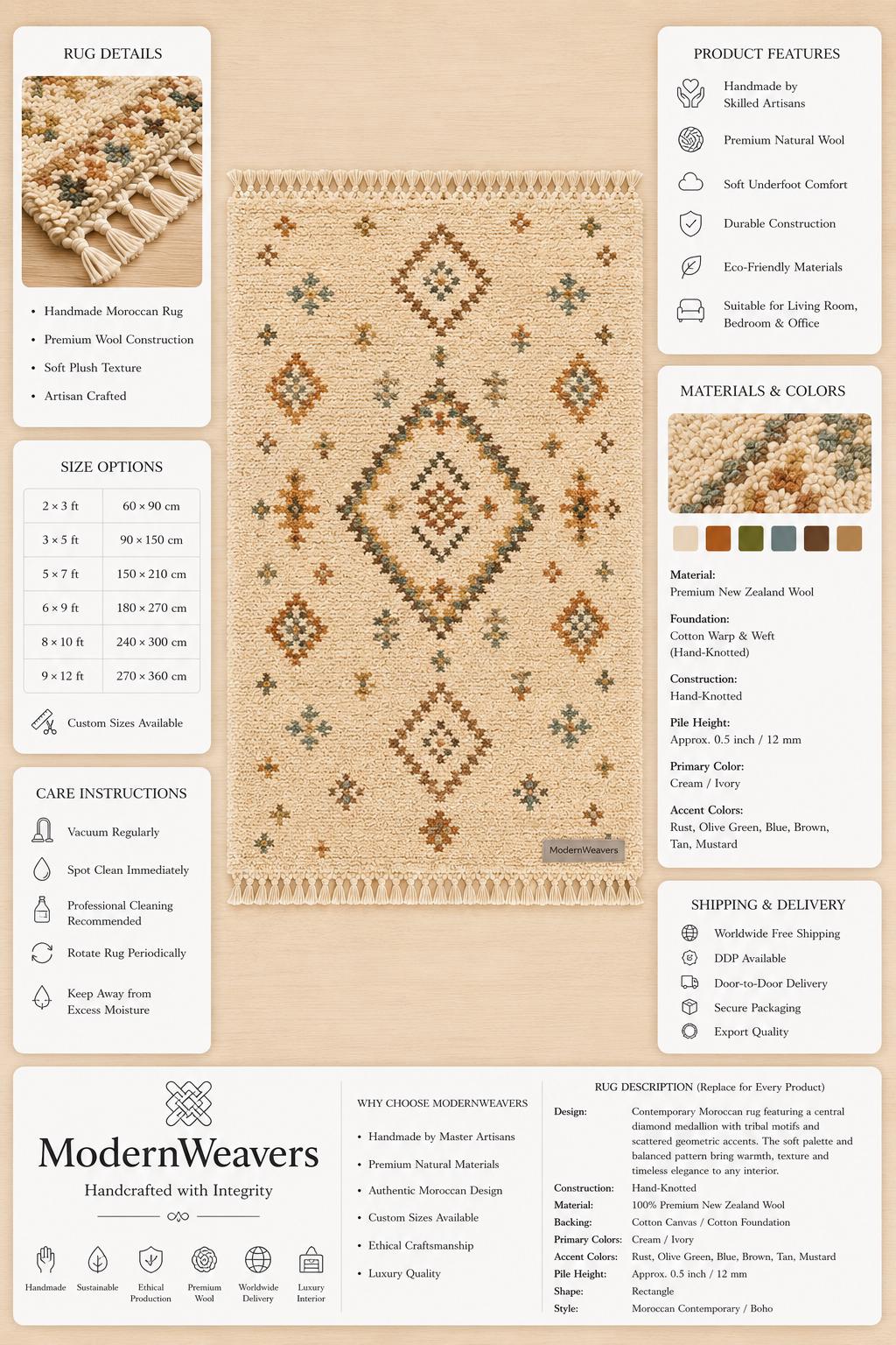 Hand-Knotted Moroccan Rug | Cream Plush Shag Area Rug, Beni Ourain Style Ivory, Blue, Brown