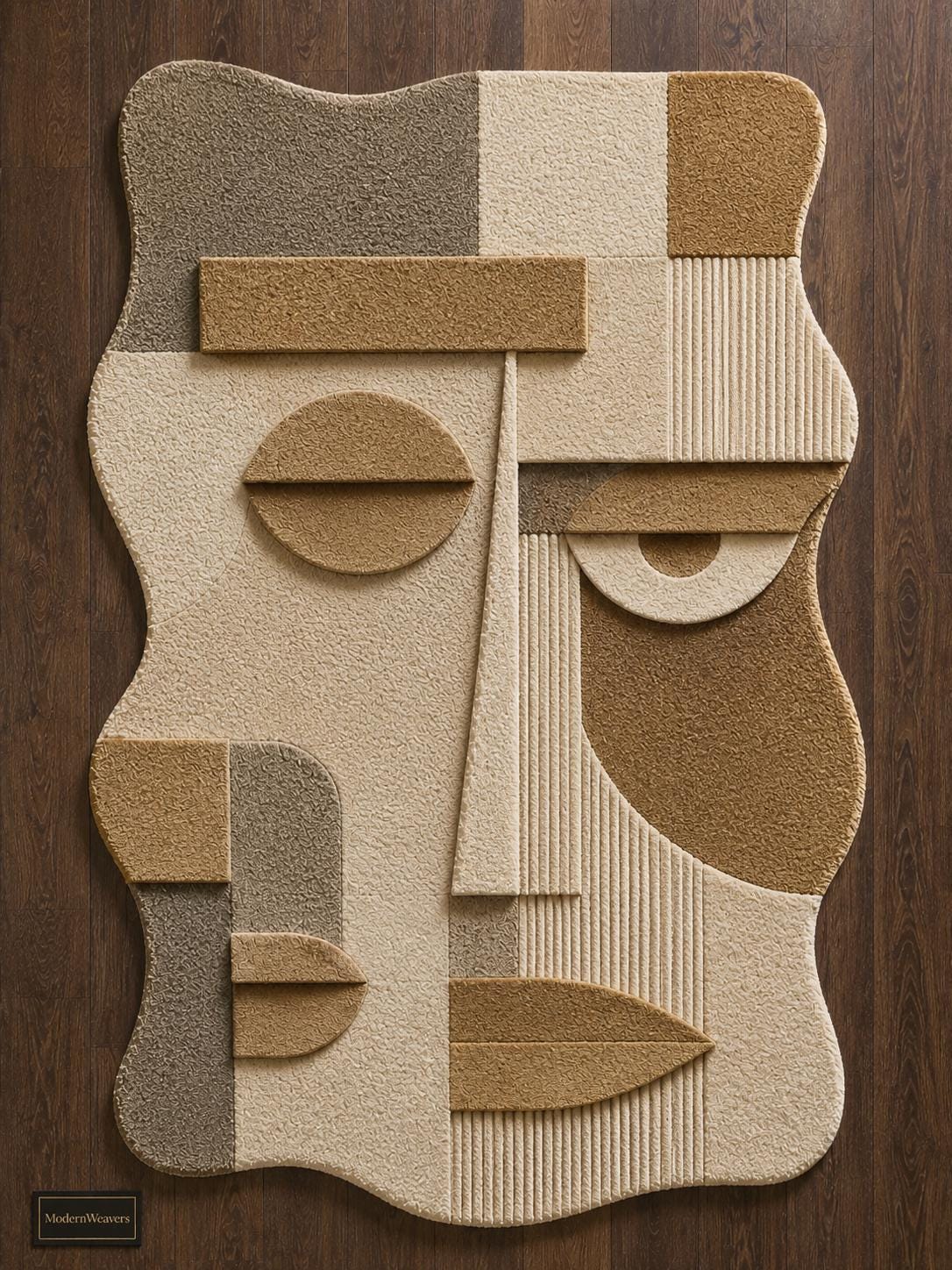 Abstract Face Hand Tufted Rug | Cubist Portrait Area Carpet | Modern Minimalist Geometric Art | Textured Neutral Statement Floor Decor