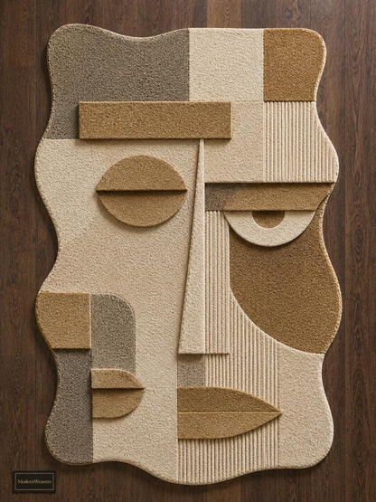 Abstract Face Hand Tufted Rug | Cubist Portrait Area Carpet | Modern Minimalist Geometric Art | Textured Neutral Statement Floor Decor