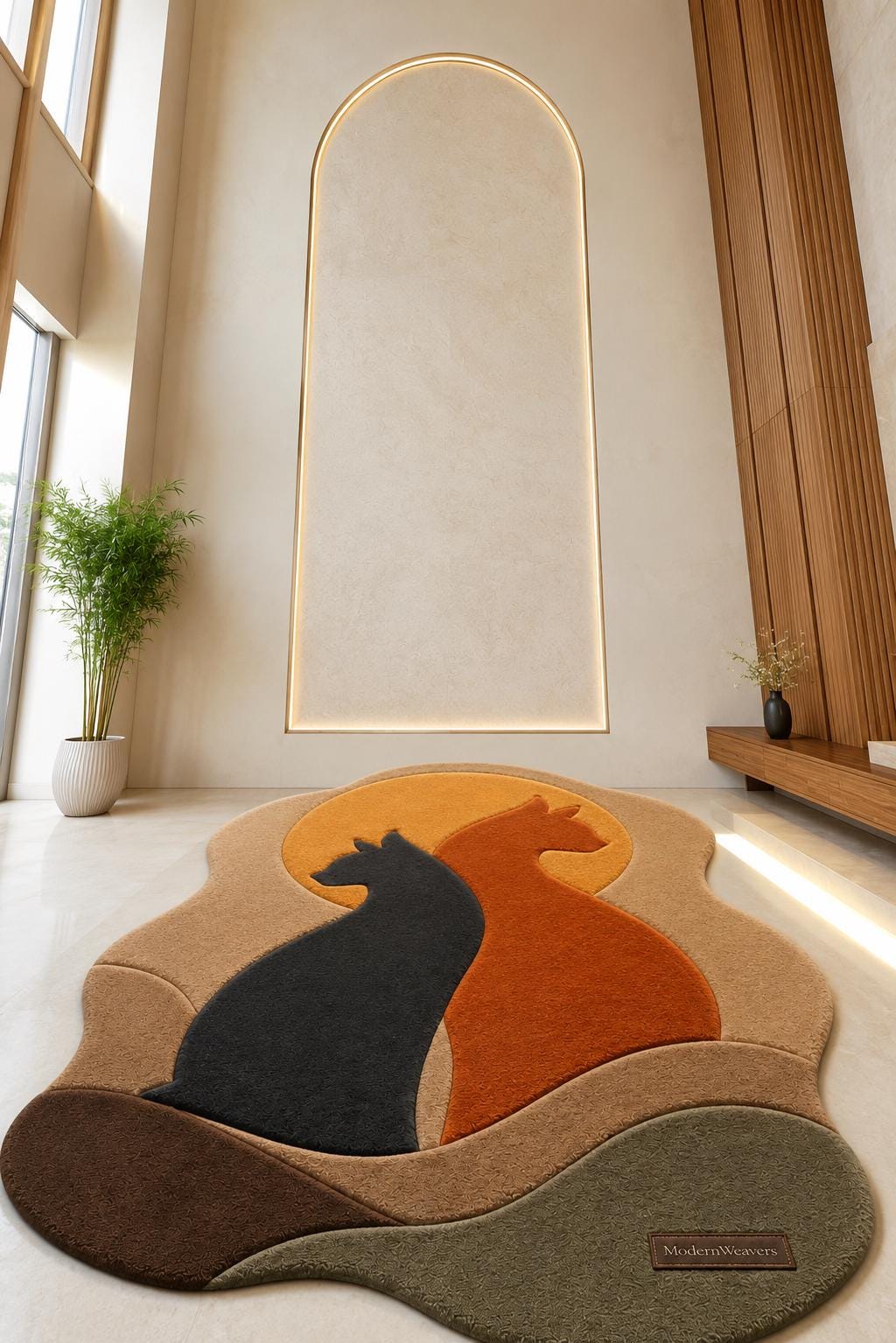Cat Silhouette Hand Tufted Rug | Whimsical Pet Lover Area Rug | Modern Sun & Cats Wall Art | 3D Textured Boho Carpet for Cat Owners