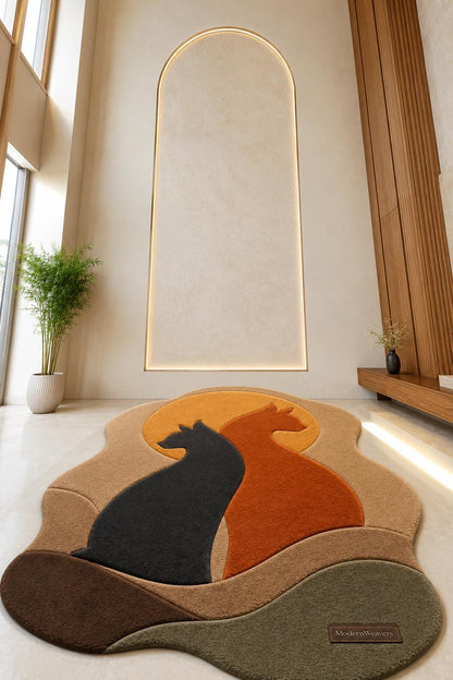Cat Silhouette Hand Tufted Rug | Whimsical Pet Lover Area Rug | Modern Sun & Cats Wall Art | 3D Textured Boho Carpet for Cat Owners