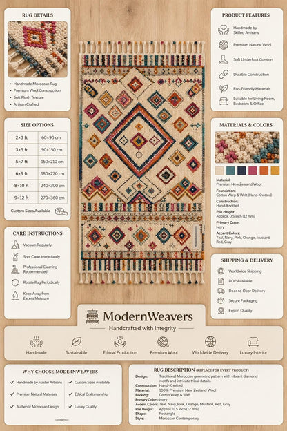 Hand Knotted Moroccan Berber Rug | Colorful Diamond Tribal Wool Carpet | Boho Chic Fringe Rug