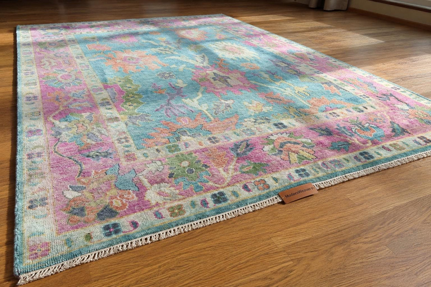 Hand Knotted Oushak Rug | Light Blue & Vibrant Pink Floral Area Rug | Wool Turkish Design Carpet | Pastel Boho Rug for Living Room