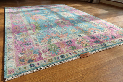 Hand Knotted Oushak Rug | Light Blue & Vibrant Pink Floral Area Rug | Wool Turkish Design Carpet | Pastel Boho Rug for Living Room