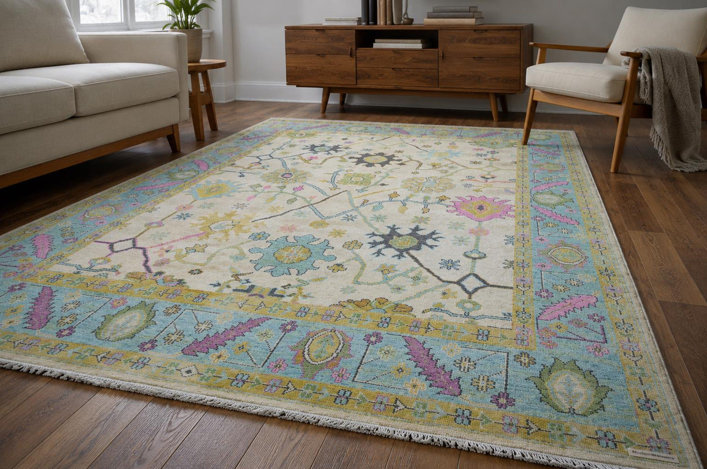 Hand-Knotted Oushak Rug | Pastel Floral Wool Area Rug | Cream, Light Blue, and Pink Transitional Rug | Large Living Room Rug