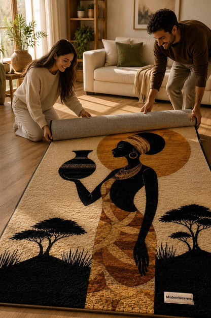 Afrocentric Silhouette Rug | Hand-Tufted African Sunset Floor Art, Boho Decor