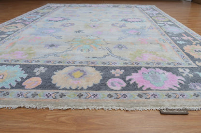 Hand-Knotted Pastel Floral Area Rug | Transitional Oushak Style Carpet | Ivory, Slate Grey, Pink & Blue Wool Rug for Living Room
