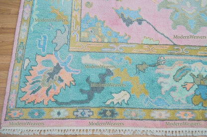 Hand-Knotted Wool Oushak Rug, Pastel Pink Teal Transitional Living Room Carpet