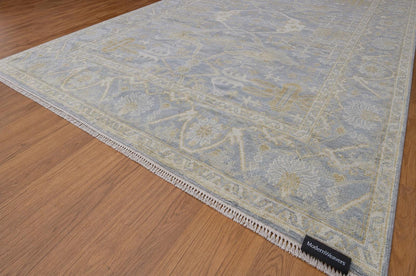 Hand Knotted Wool Area Rug | Muted Blue Beige Gold Oushak Style Traditional 8x10
