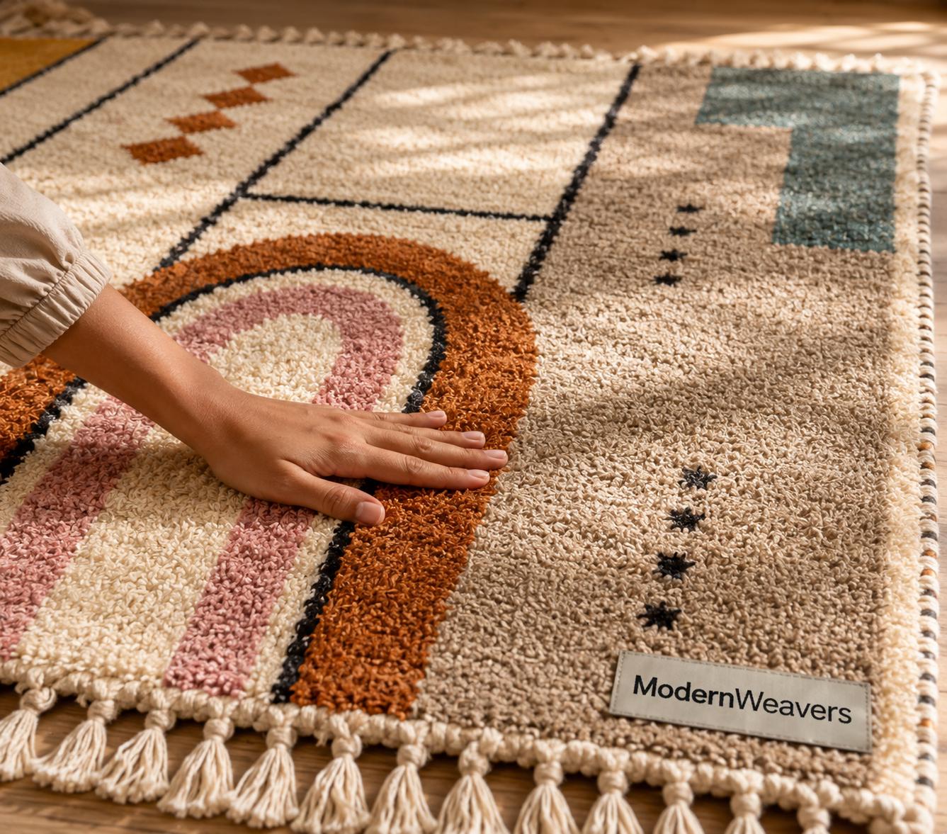 Geometric Moroccan Wool Rug | Bauhaus Arch Design, Pink Mustard Teal