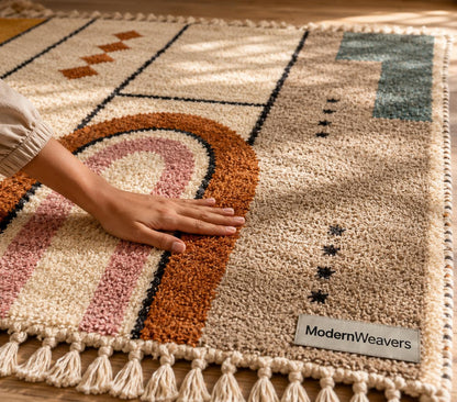 Geometric Moroccan Wool Rug | Bauhaus Arch Design, Pink Mustard Teal