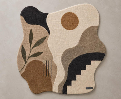 Abstract Irregular Shape Tufted Rug | Wabi Sabi Organic Edge Carpet | Neutral Earth Tone Floor Art | Boho Geometric Sun & Botanical Decor