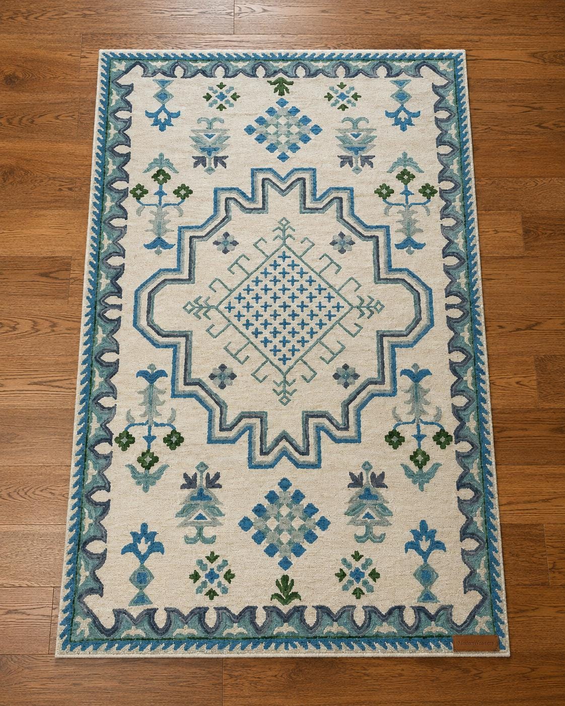 Hand Knotted Ivory and Blue Geometric Area Rug | Transitional Medallion Carpet with Green Accents | Coastal Boho Living Room Decor