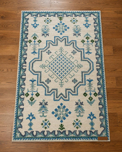 Hand Knotted Ivory and Blue Geometric Area Rug | Transitional Medallion Carpet with Green Accents | Coastal Boho Living Room Decor
