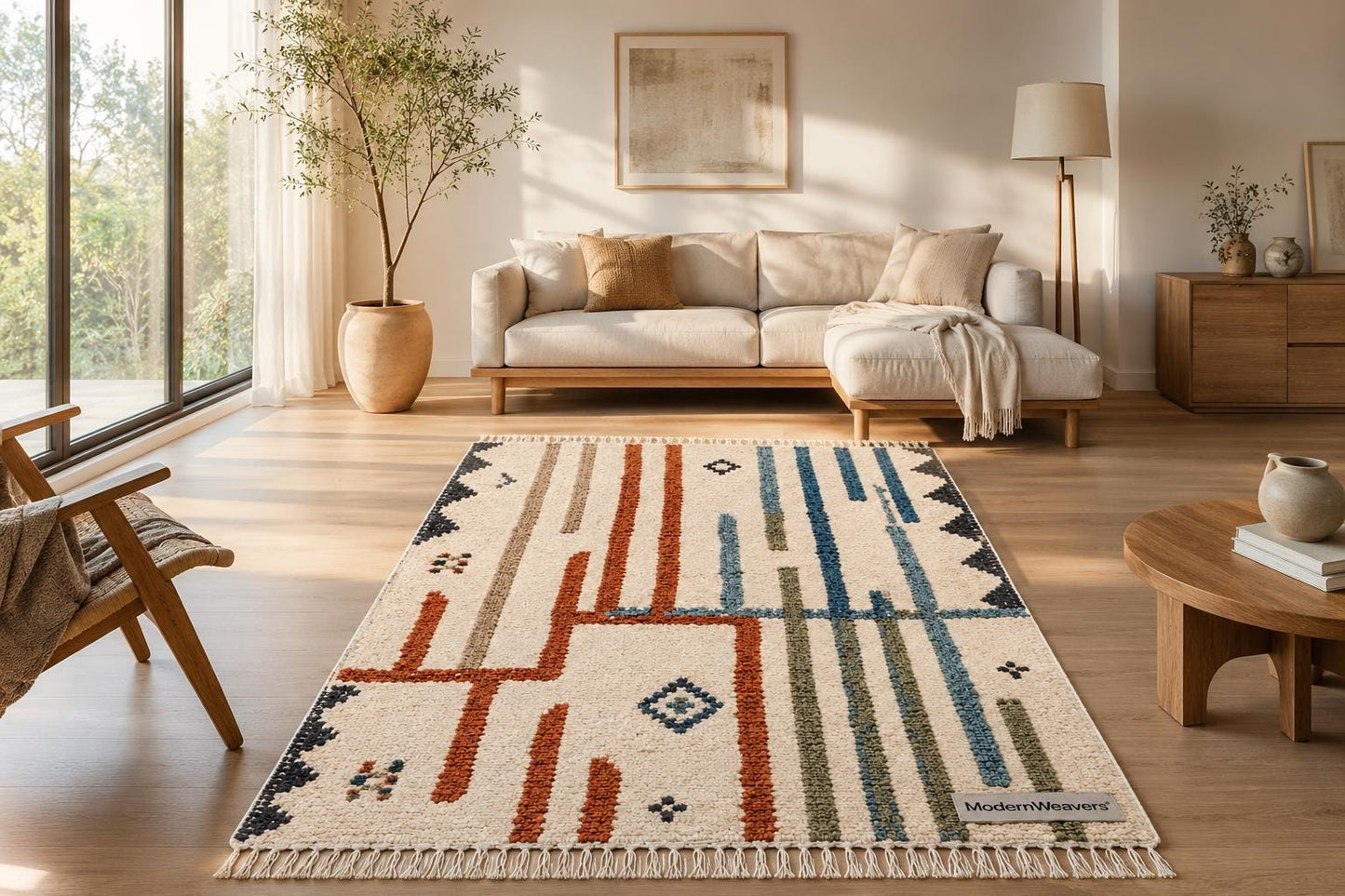 Hand Knotted Moroccan Rug | Abstract Linear Tribal Carpet, Boho Teal Rust Fringed Floor Art