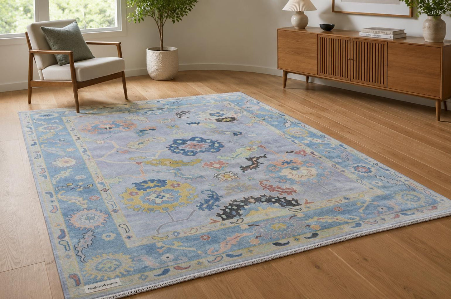 Hand-Knotted Oushak Style Rug | Pastel Blue Floral Wool Carpet 9'x12'