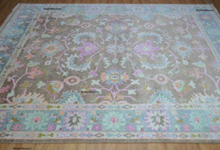 Handmade Transitional Oushak Rug | Earthy Brown with Pastel Palmettes | Luxury Hand-Knotted Wool Carpet