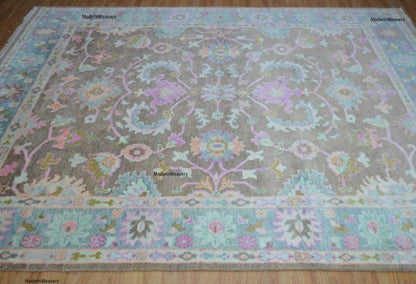Handmade Transitional Oushak Rug | Earthy Brown with Pastel Palmettes | Luxury Hand-Knotted Wool Carpet