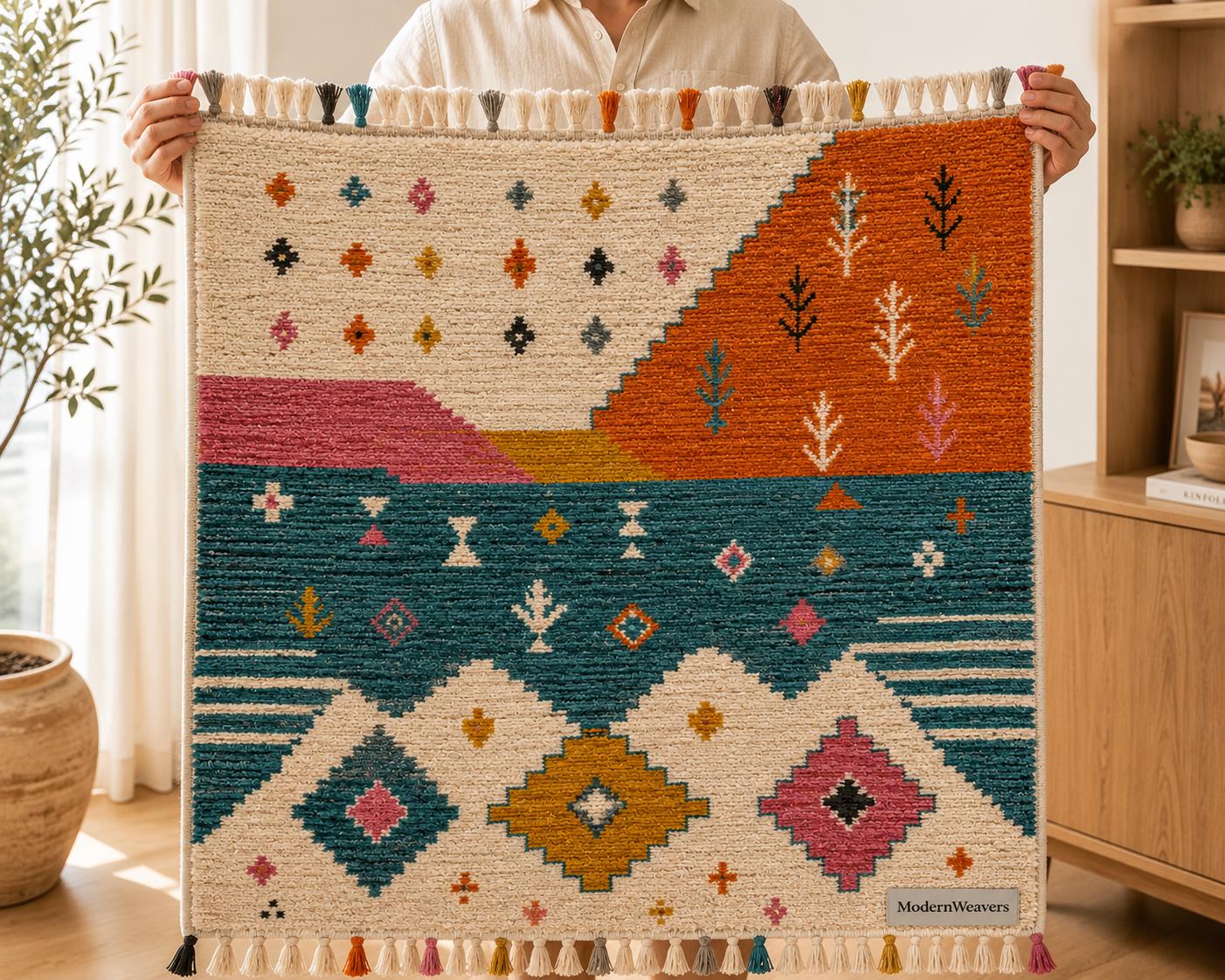 Abstract Landscape Moroccan Rug | Hand-Knotted Wool Area Rug, Boho Geometric Tapestry