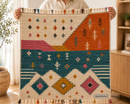 Abstract Landscape Moroccan Rug | Hand-Knotted Wool Area Rug, Boho Geometric Tapestry