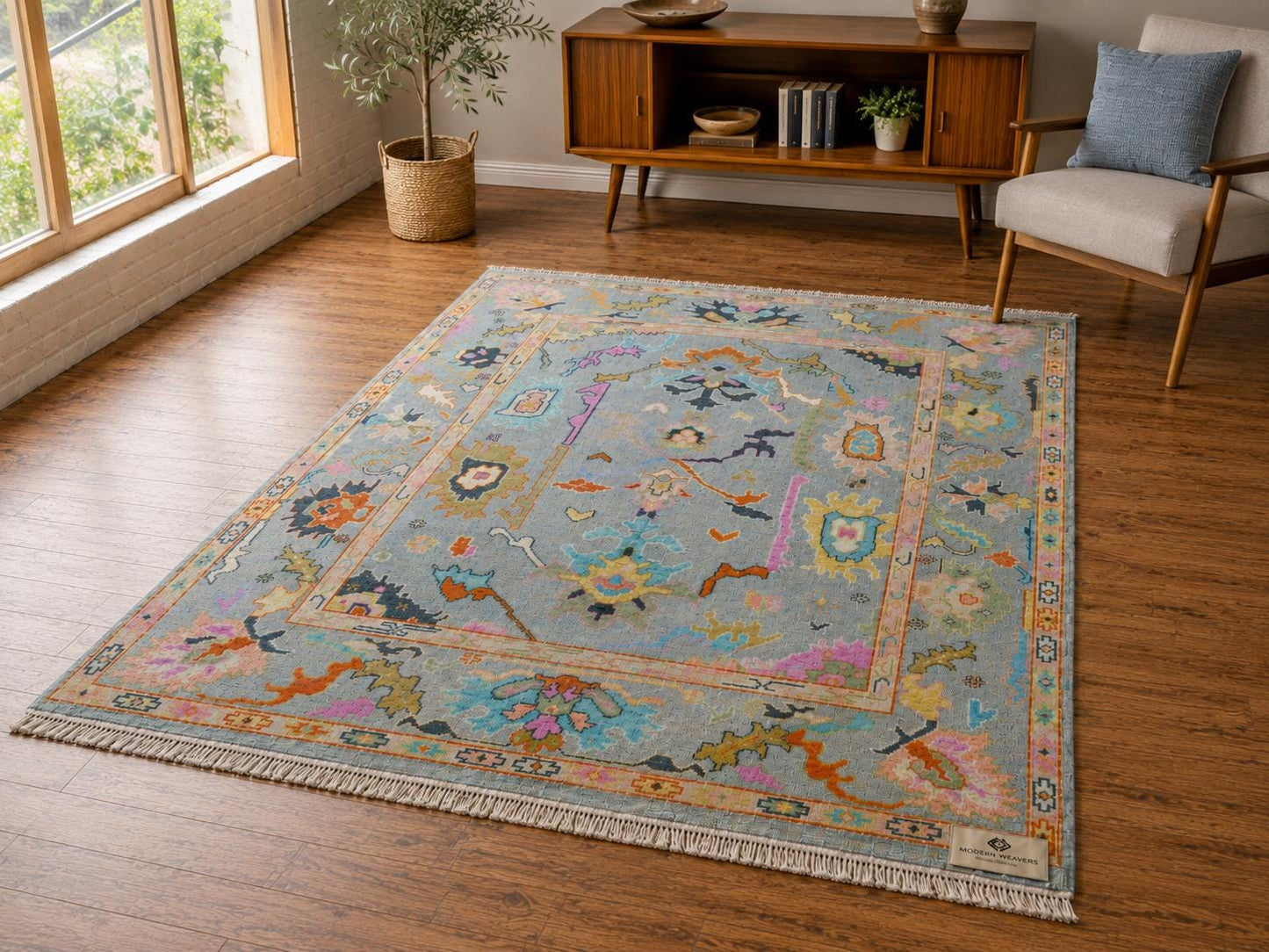 Stunning Light Blue & Vibrant Multicolor Hand-Knotted Rug | Boho Chic Geometric Floral Area Rug | Transitional Modern Oushak Style Carpet