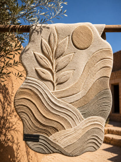 Botanical Landscape Hand Tufted Rug | Neutral Boho Wavy Area Rug | 3D Textured Leaf & Sun Carpet | Earth Tone Abstract Room Decor