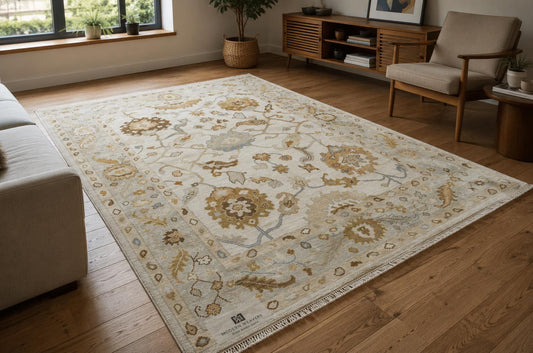 Hand-Knotted Transitional Oushak Style Area Rug | Ivory, Muted Gold & Soft Blue Floral Motif
