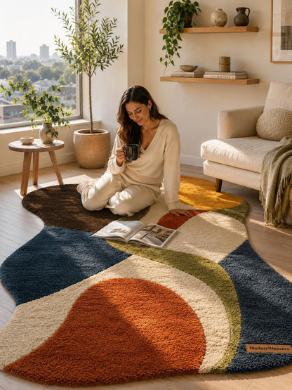 Abstract Wavy Tufted Rug | Retro 70s Colorful Carpet, Mid Century Modern Floor Art