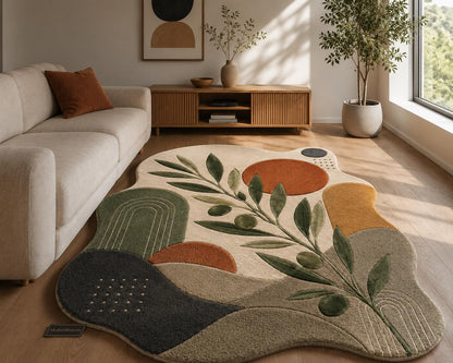 Abstract Olive Branch Hand Tufted Rug | Mid Century Modern Botanical Area Rug | Terracotta & Green Boho Room Decor | Irregular Shaped Carpet