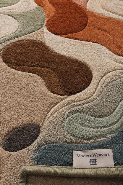 Organic Wavy Line Area Rug | Artisan Carved Tufted Carpet | Retro Earth Tones Modern Bedroom Rug | Terracotta, Sage & Slate Blue Earthy Rug