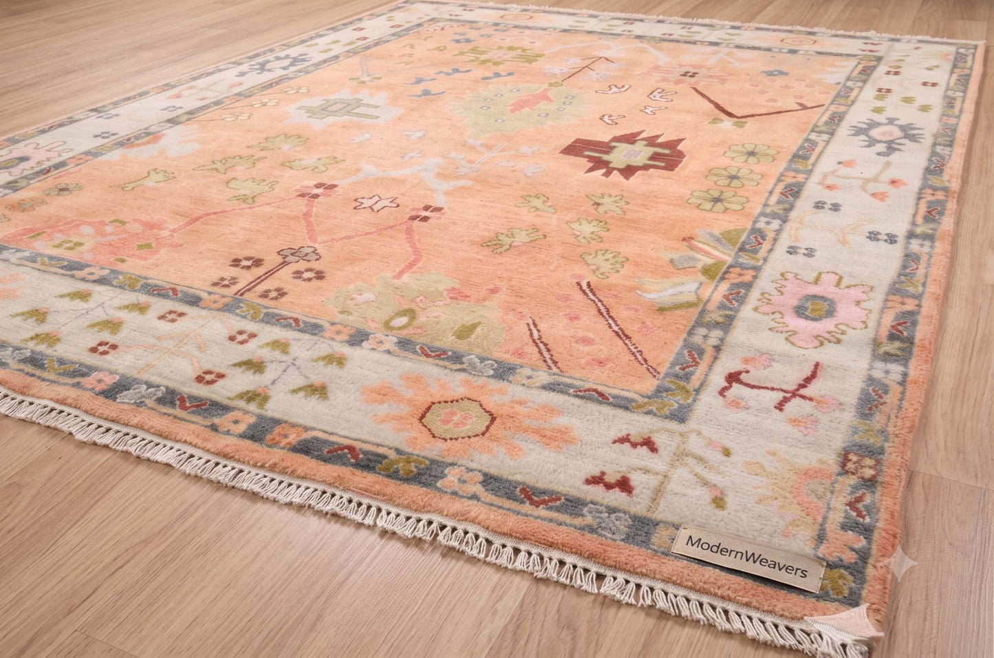 ModernWeavers Hand-Knotted Wool Area Rug | 8x10 Peach & Pastel Blue Tribal Oushak Style Carpet | Natural Wool Artisan Rug for Living Room