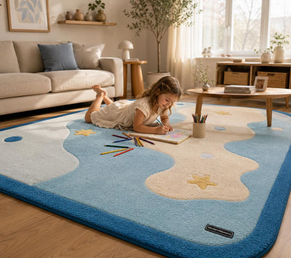 Hand Tufted Cloud Stars Nursery Rug | Pastel Blue Playroom Carpet, Kids Floor Art