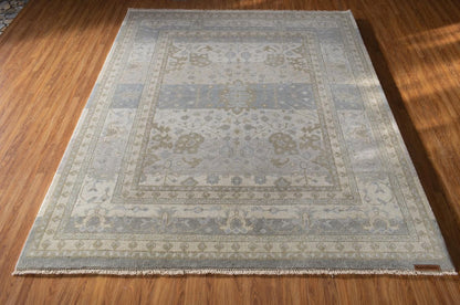 Hand-Knotted Oushak Style Rug | Muted Pastel Blue, Ivory, Taupe Wool Area Carpet