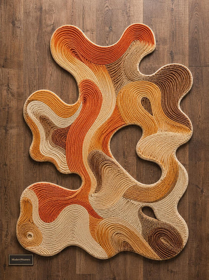 Abstract Swirl Hand Tufted Rug | Organic Wavy Textural Carpet | Modern Burnt Orange & Neutral Area Rug | Sculptural Biophilic Floor Art