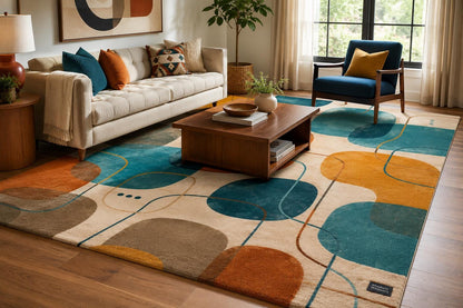 Mid-Century Modern Abstract Area Rug | Hand Tufted Geometric Carpet with Organic Shapes | Retro Contemporary Room Decor