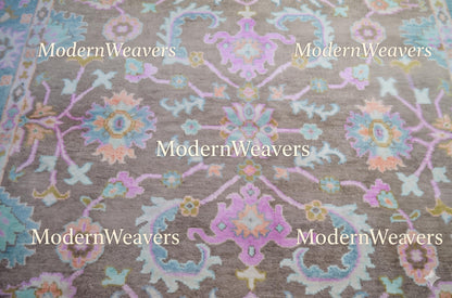 Handmade Transitional Oushak Rug | Earthy Brown with Pastel Palmettes | Luxury Hand-Knotted Wool Carpet