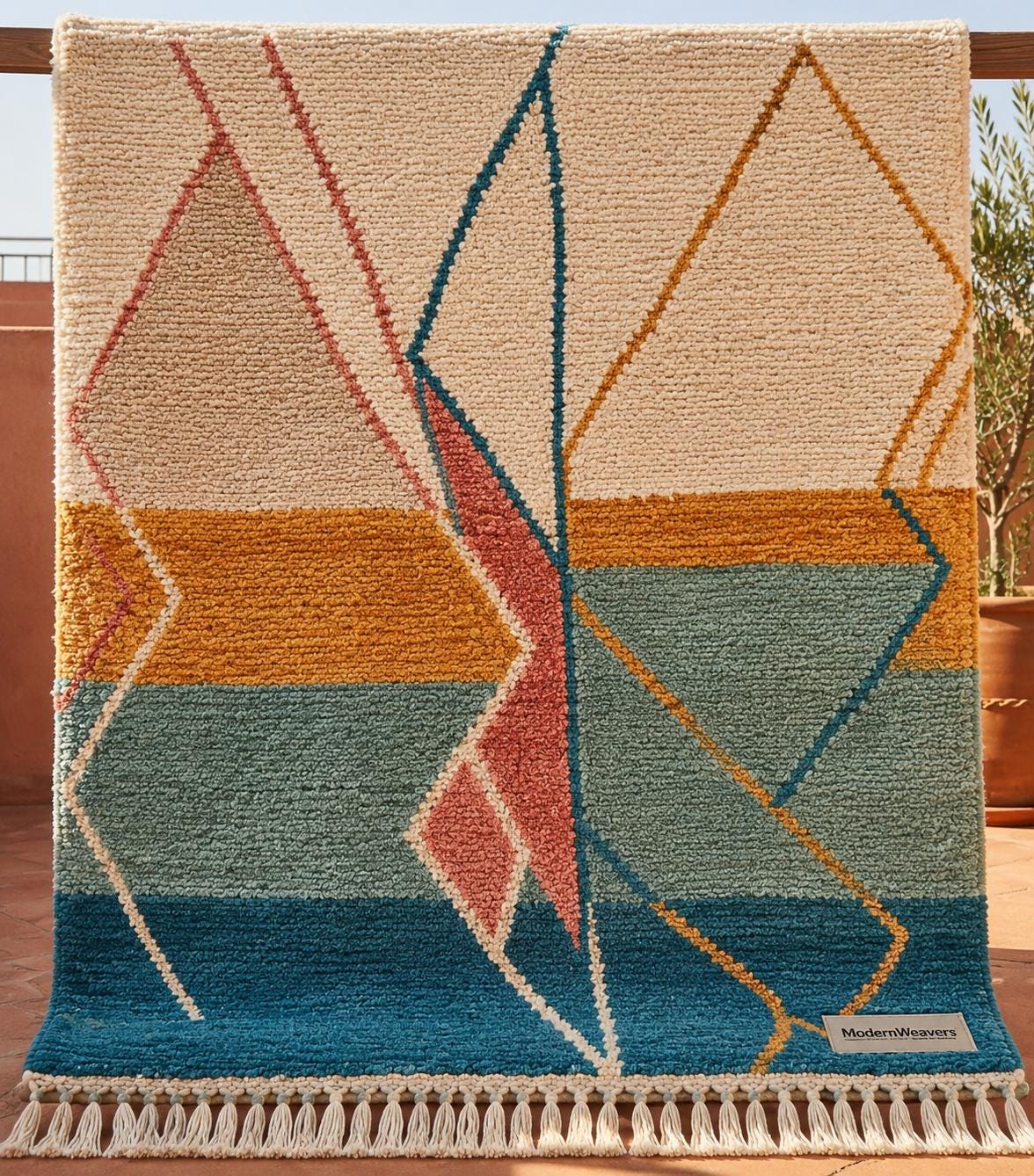 Hand Knotted Moroccan Wool Rug | Abstract Sunset Geometric Carpet, Boho Teal Mustard Coral