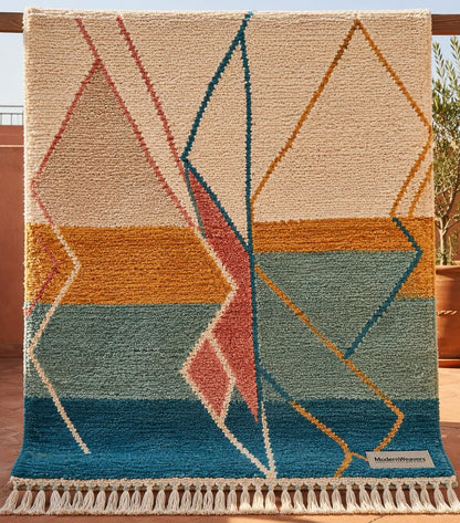 Hand Knotted Moroccan Wool Rug | Abstract Sunset Geometric Carpet, Boho Teal Mustard Coral