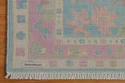 Hand Knotted Oushak Rug | Light Blue & Vibrant Pink Floral Area Rug | Wool Turkish Design Carpet | Pastel Boho Rug for Living Room