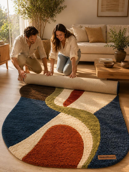 Abstract Wavy Tufted Rug | Retro 70s Colorful Carpet, Mid Century Modern Floor Art