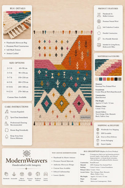 Abstract Landscape Moroccan Rug | Hand-Knotted Wool Area Rug, Boho Geometric Tapestry