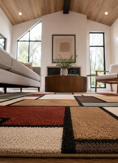 Hand-Tufted Geometric Area Rug | Mid-Century Modern Abstract Block Design | Earthy Contemporary Handcrafted Carpet by ModernWeavers