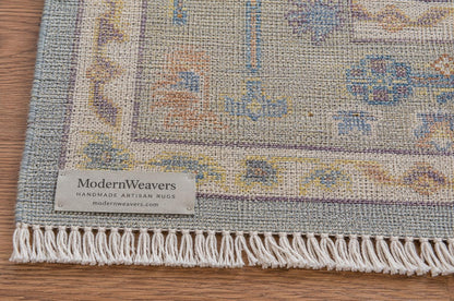 Hand Knotted Oushak Rug | Light Blue & Yellow Floral Geometric Area Rug | Muted Pastel Traditional Wool Carpet for Living Room, Bedroom