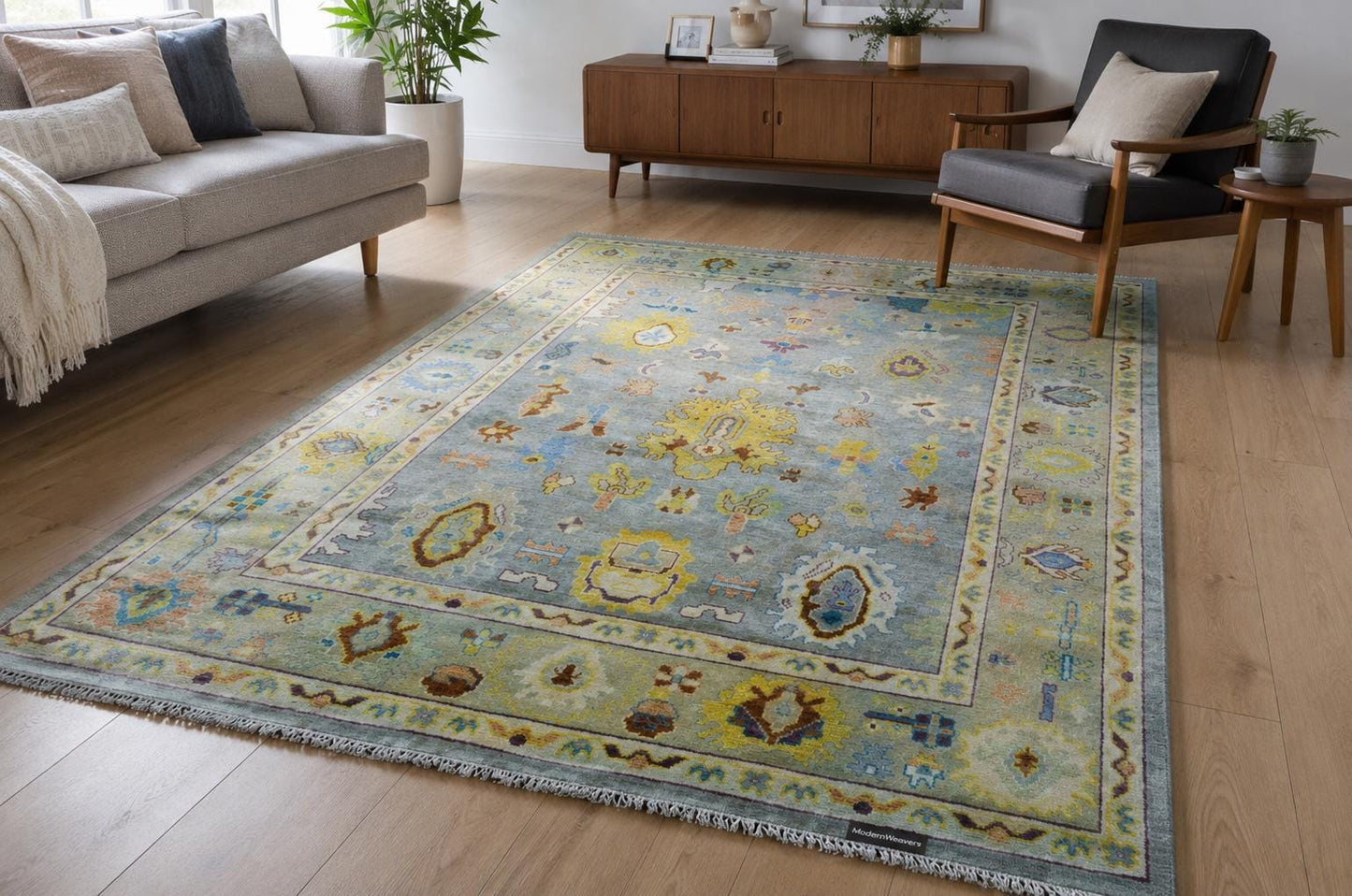 Hand Knotted Oushak Rug | Light Blue & Yellow Floral Geometric Area Rug | Muted Pastel Traditional Wool Carpet for Living Room, Bedroom