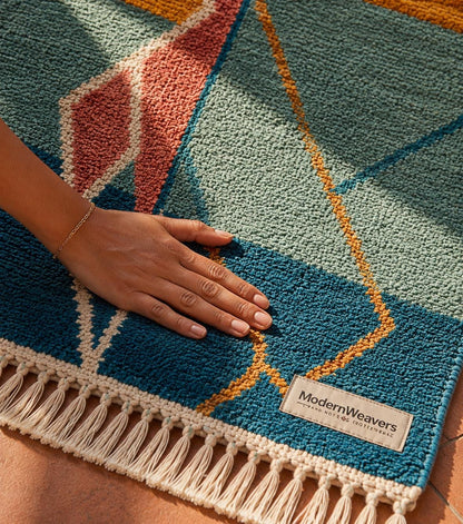 Hand Knotted Moroccan Wool Rug | Abstract Sunset Geometric Carpet, Boho Teal Mustard Coral