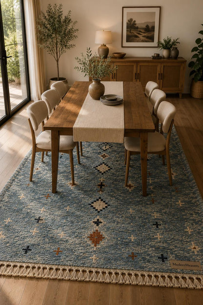 Dusty Blue Hand-Knotted Wool Rug | Tribal Diamond Boho Shag Carpet